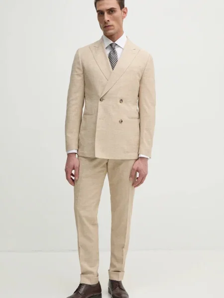 BOSS costum din amestec de lana barbati neted bej