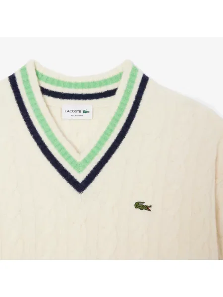 Lacoste Wełniany Sweter W Splot Warkoczowy Z Dekoltem W Szpic biały