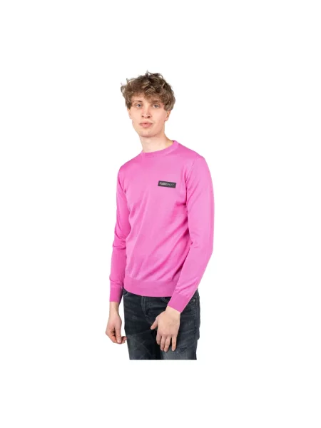 Sweter Plein Sport z wełny merino w paski z paskiem różowy