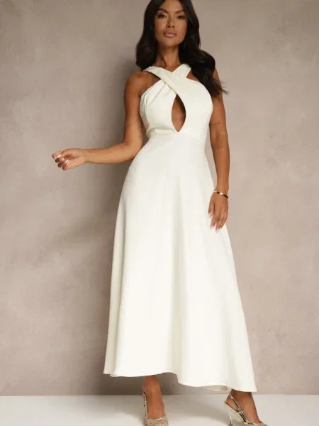 Koktajlowa Sukienka z Wiskozą i Dekoltem Halter Dolmanna żółta