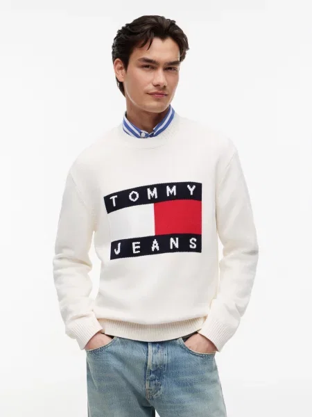 Tommy Jeans Sveter tmavomodrá / jasne červená biela