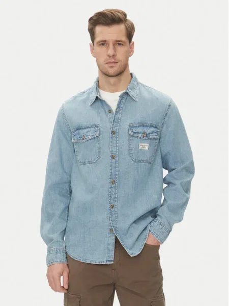 Риза Guess Jeans със стандартна кройка с класическа яка синьо