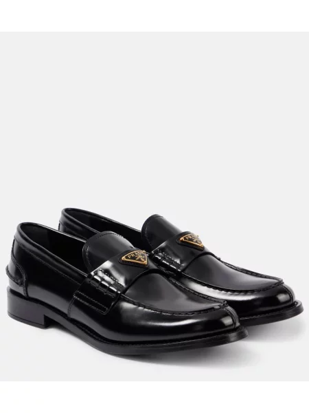 Usnjene loaferke Prada z avtogramom črna