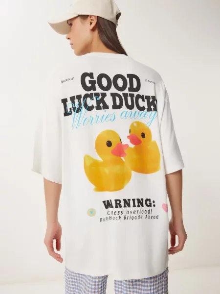 Happiness İstanbul Široka majica ecru / svetlo modra / rumena črna