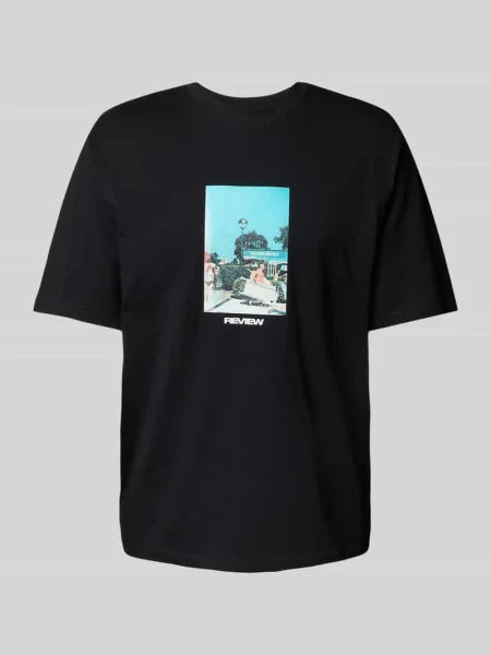 T-shirt o kroju regular fit z mieszanki bawełny i Review czarna