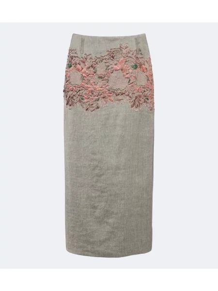 Fustă midi Dries Van Noten cu broderie de in gri