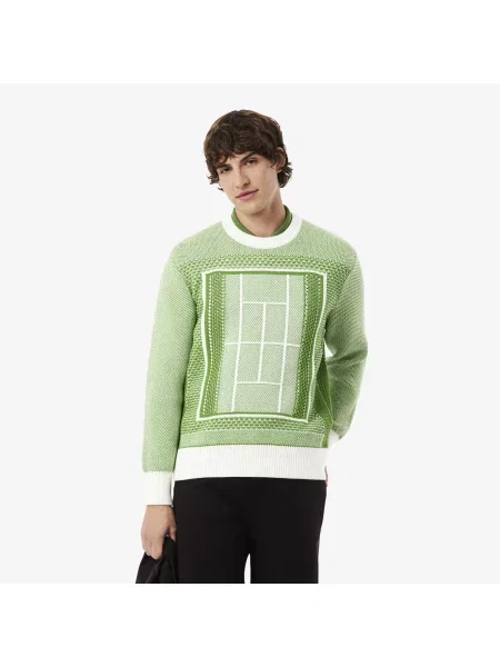 Lacoste Sweter Z Okrągłym Dekoltem Ze Wzorem Classic Fit zielony