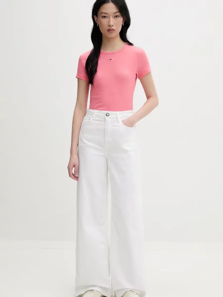 Tommy Jeans osnovna kratka majica z elastanom roza