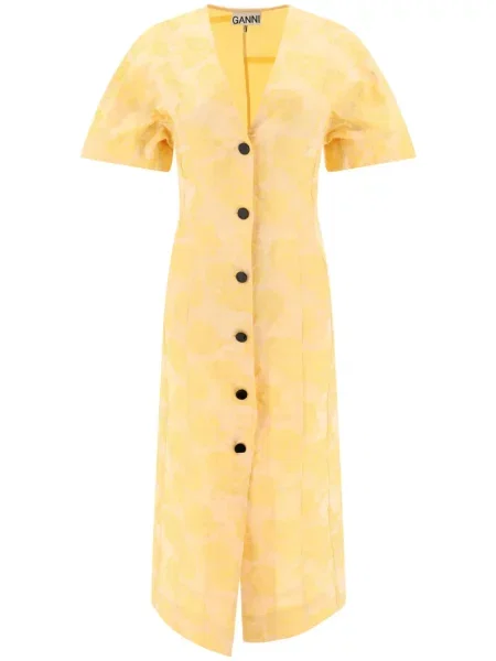 Rochie midi Ganni din jacard până la genunchi de costum galben