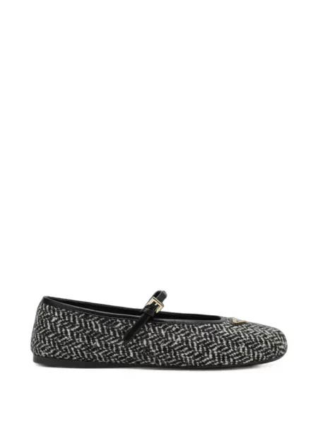 Balerini Prada cu cataramă cu model herringbone cu bretele negru