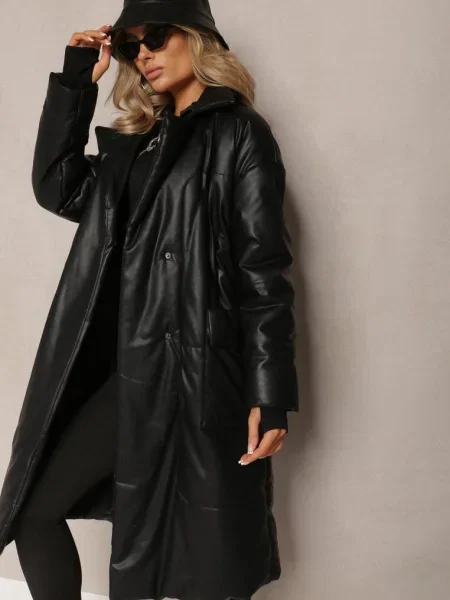 Palton din Imitatie de Piele cu Curea de Legare Tosha negru
