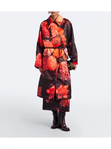 Fustă midi Dries Van Noten cu model floral portocaliu