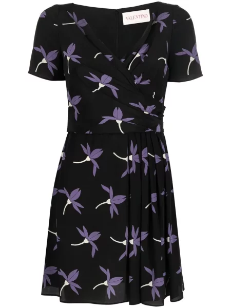 Rochie Valentino cu model floral cu imagine plisată negru