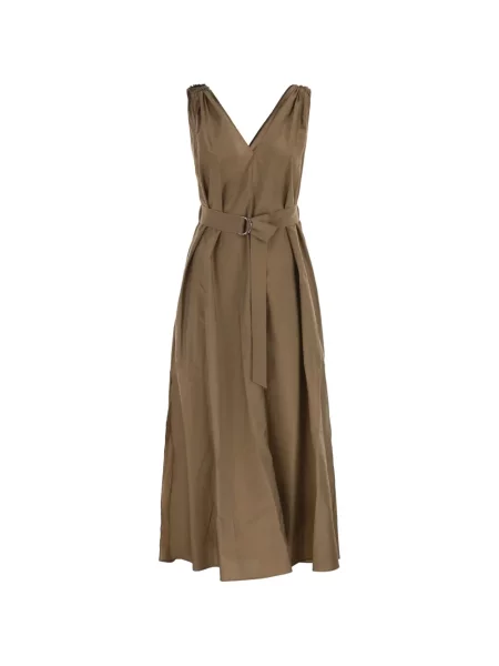 Rochie midi Brunello Cucinelli cu decolteu în V până la genunchi de costum maro