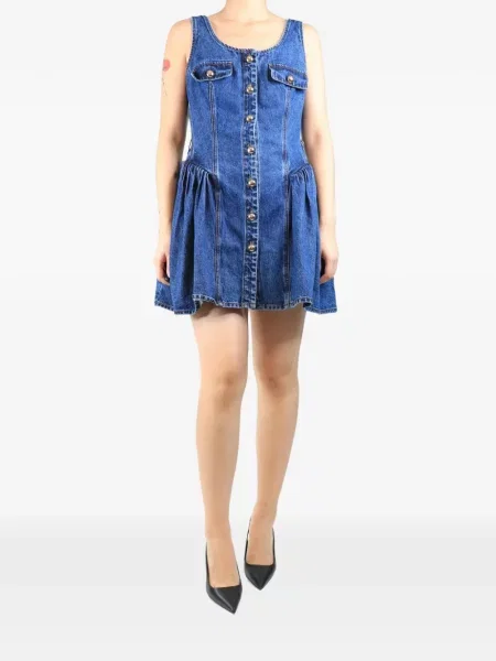Rochie din denim Self-portrait evazată albastru