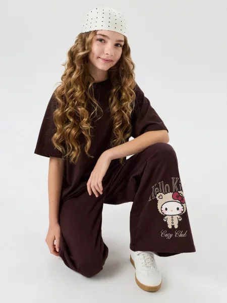 Sinsay Tepláky se širokými nohavicemi Hello Kitty tmavě hnědá