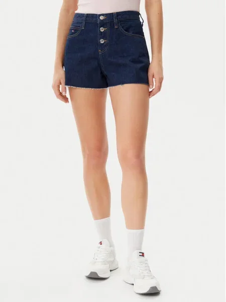 Tommy Jeans pantaloni scurți jeans bleumarin uni high waist albastru