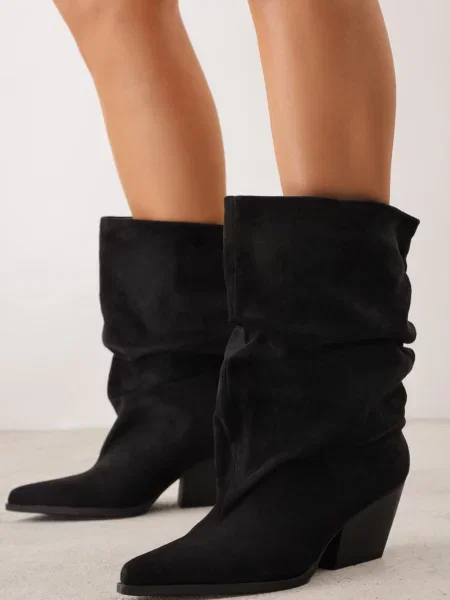 Botine Slouchy din imitație de piele întoarsă cu fronseu pe Con Utussa negre