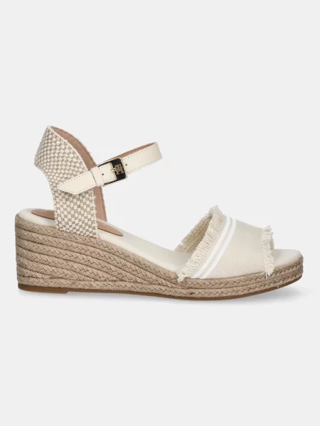 Tommy Hilfiger Sandali FRINGE CANVAS MEDIUM WEDGE bež