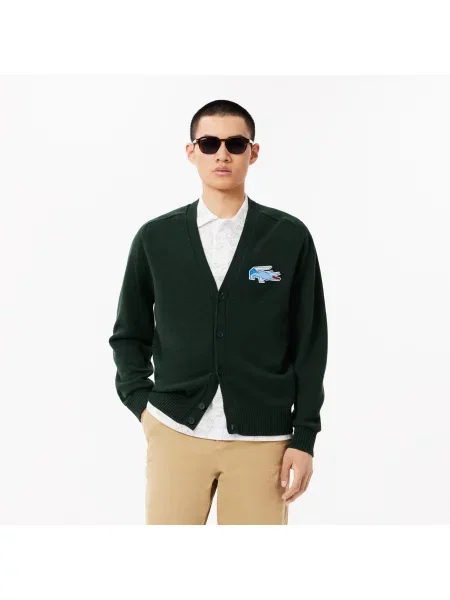 Lacoste Wełniany Kardigan Z Dekoltem V Classic Fit Ciemnozielony zielony