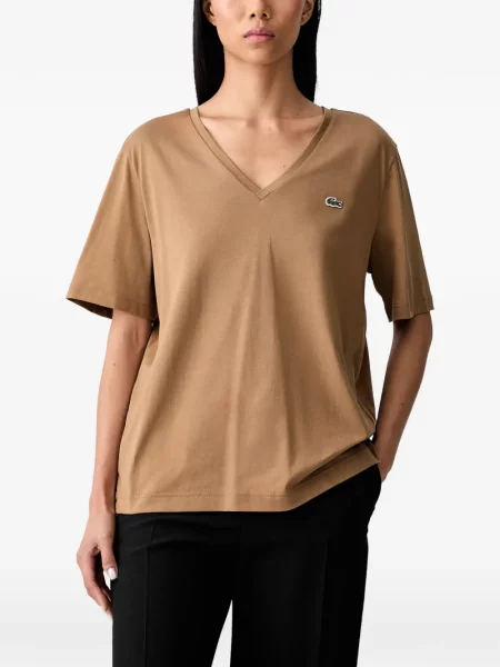 Tricou Lacoste cu decolteu în V cu autograf maro