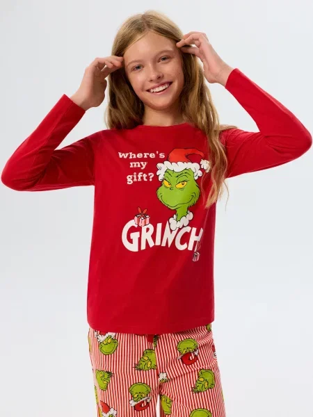 Sinsay vánoční pyžamo s potiskem Grinch červená