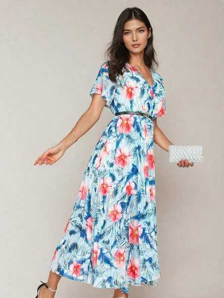 Rochie midi Resti cu model floral plisată până la genunchi albastru