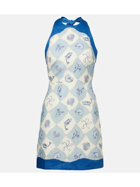 Lanena obleka Alemais s potiskom modra