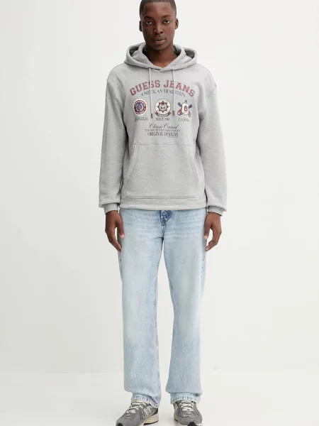 Кофта Guess Jeans з капюшоном з принтом сірий