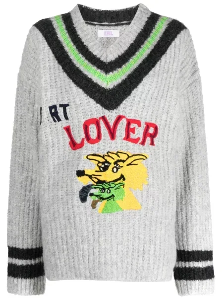 Haftowany sweter Erl z dekoltem w serek szary