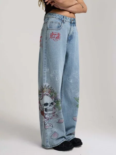 Ed Hardy Džínsy Cherry Skull svetlomodrá / zelená / červená čierna