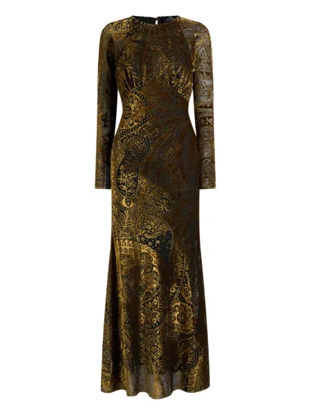 Rochie maxi Etro de catifea cu model floral de costum auriu