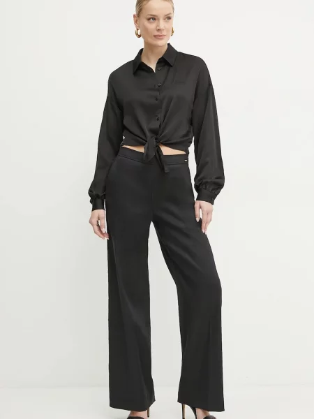 Guess spodnie lniane ISABEAU proste high waist czarny