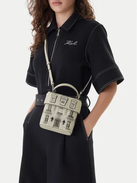 Karl Lagerfeld Ručna torbica Essentials Maison / svijetlosiva / crna bež