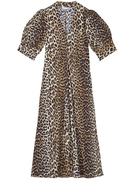 Rochie midi Ganni cu imagine cu model leopard până la genunchi maro