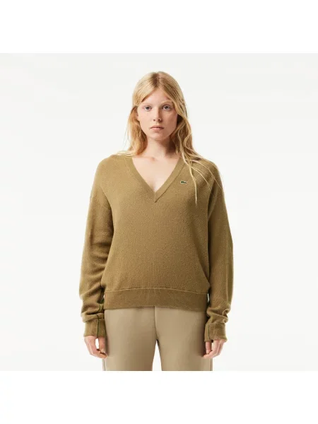 Lacoste Sweter Z Dekoltem W Serek Lacoste brązowy