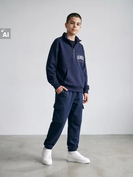 Sinsay Tepláková mikina half-zip s nápisem Los Angeles námořnická modrá