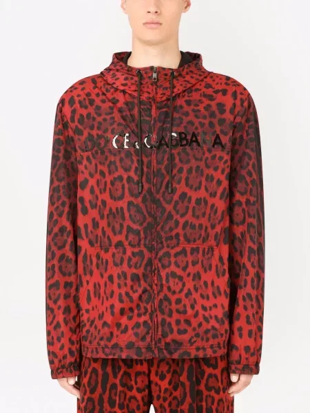 Leopardí bunda Dolce & Gabbana s kapucí s potiskem červená