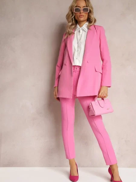 Dopasowane Spodnie Garniturowe High Waist z w Talii Ozdobionym Klamrą Binah różowe