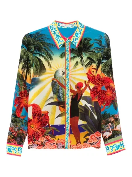 Jedwabna koszula Alice + Olivia z nadrukiem w tropikalny nadruk zielona