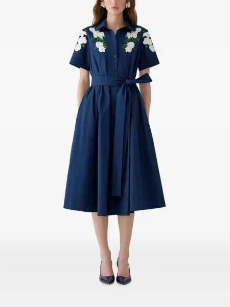 Siuvinėta gėlėta midi suknelė Carolina Herrera mėlyna
