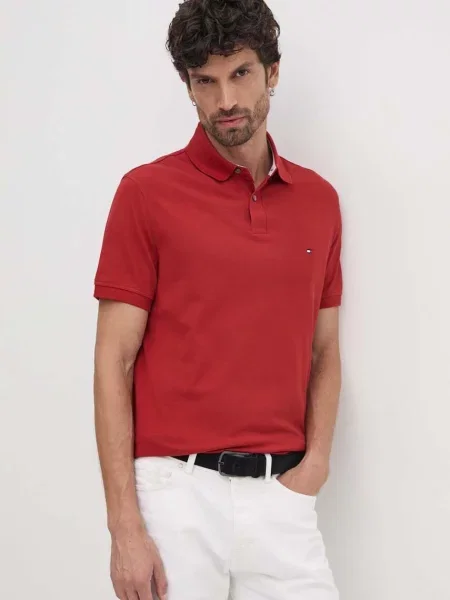 Тениска с яка Tommy Hilfiger бордо с десен червено