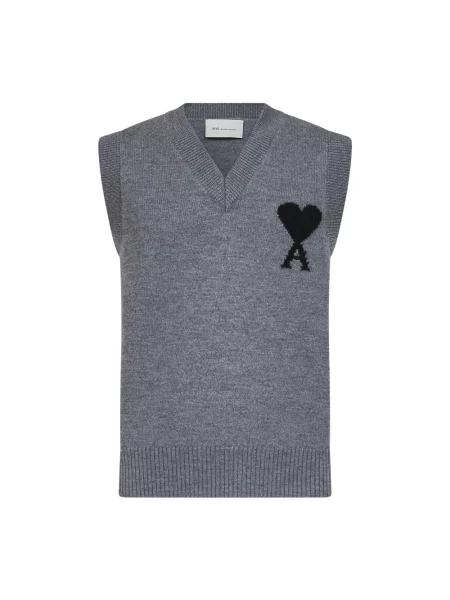 Sweter Ami Paris wełniany z dekoltem w serek szary