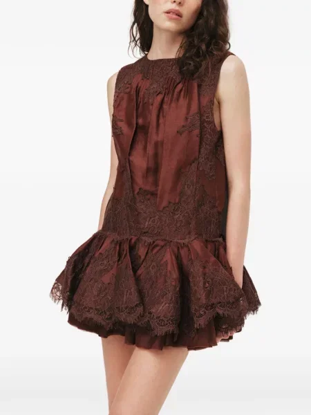 Rochie mini Aje cu volane din dantelă maro