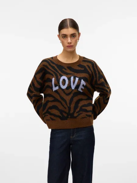 VERO MODA Pulover VMNEWKAI smeđa / crna bijela