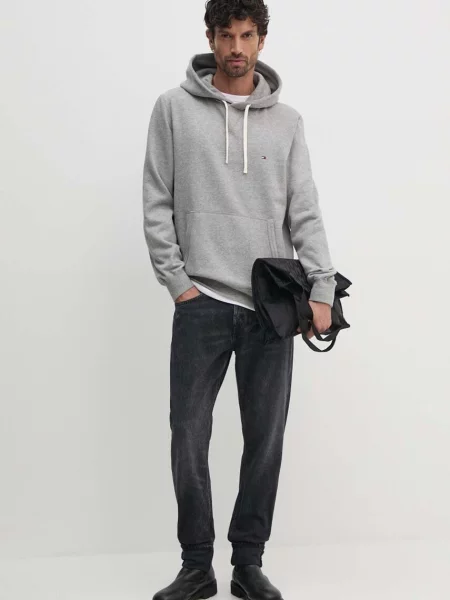 Tommy Hilfiger pulover s kapuco z bombažem siva