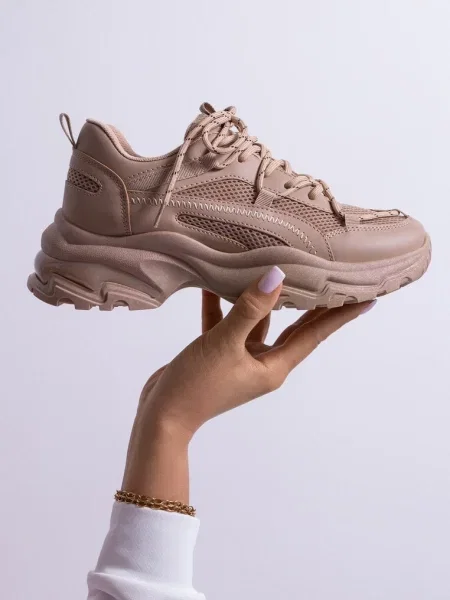 Sneakers deschis cu talpă masivă inserții din plasă și șireturi decorative Ollavia bej
