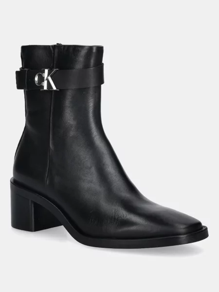 Calvin Klein bőr csizma BLOCK HEEL BOOT W/ METAL LOGO magassarkú fekete