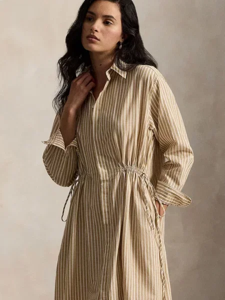 Šaty s příměsí lnu Polo Ralph Lauren midi hnědá