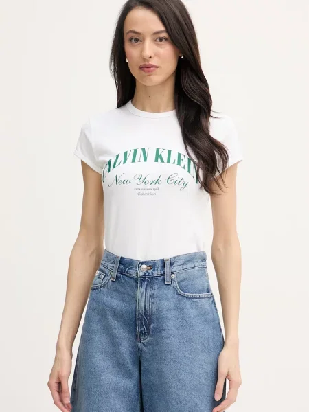 Calvin Klein Jeans majica ženska od pamuka s elastanom bež